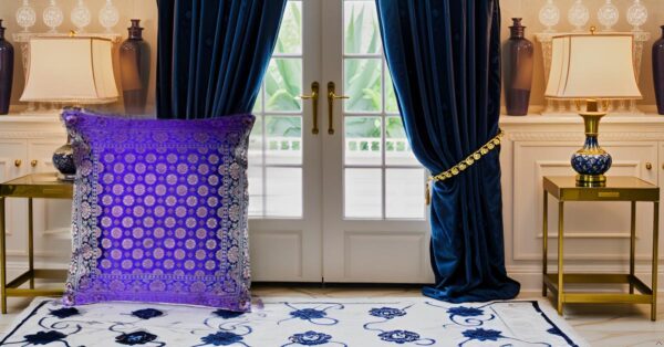 Lila / Violet Orientalischer Seidenkissenbezug, Handgewebt, Handgenäht und Handgefertigt aus Indien 40cmx40cm – Bild 4