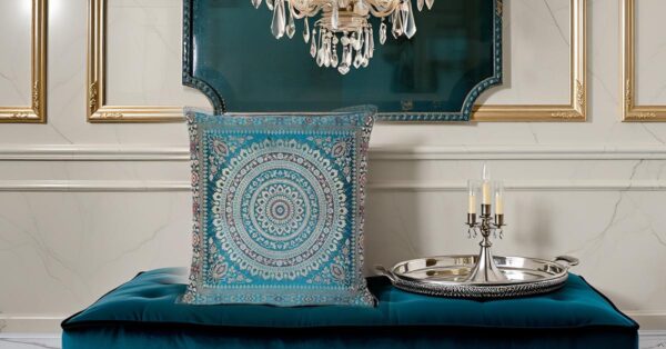 Handgewebter indischer Banarasi Seide Deko-Kissenbezug mit Extravaganten Mandala Design in Türkis - 40 cm x 40 cm – Bild 3