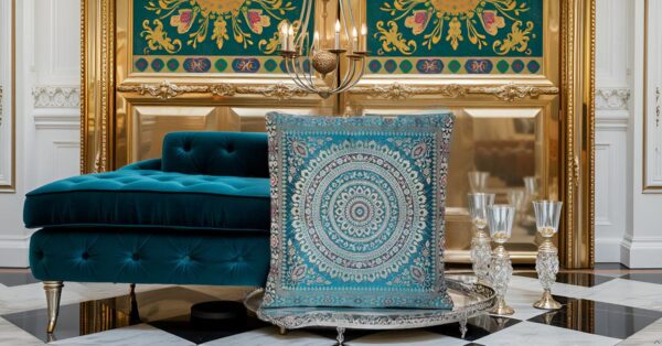 Handgewebter indischer Banarasi Seide Deko-Kissenbezug mit Extravaganten Mandala Design in Türkis - 40 cm x 40 cm – Bild 4